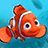 Pixelated orange clownfish with white stripes swims against blue background, accompanied by pink text on dark brown