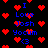 Pixelated blue text and red heart symbols on a black background, with repeated phrases and heart shapes scattered across the frame.