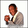 A two-frame contact sheet of a pixelated animated buddy icon showing a man in a gray sweater and white shirt with clenched fists, labeled "pimpin'" at the bottom.