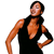 Pixelated figure in black sleeveless top with deep V-neck, standing with one hand on hip and the other arm extended, against plain white background.