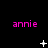 A black background displays three of pink 'annie' text with white pixelated symbols changing across frames