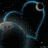 Animated heart-shaped icon with blue outline on dark background, transitioning to white heart with red and black floral swirls.
