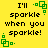 Yellow background with black text reading "I'll sparkle when you sparkle!" and green square-based pixel art elements in four corners.