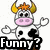 Pixelated cartoon cow with yellow horns and orange star on head, pink nose, black-and-white spots; two dolphin images in background.