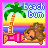 Pixel art beach scene with a woman lying on a pink towel under a palm tree, featuring "beach bum" text and a sunset background.