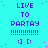Cyan background with purple text "LIVE TO PARTAY" and dotted lines above a smiley face, scattered pink dots on the right side.