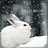 A pixelated white rabbit with a single black eye against a dark gray and black background with scattered light gray pixels.