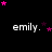 Black background with repeated 'emily.' text and pink/purple star animations in a