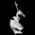 Pixelated grayscale figure with elongated limbs and head, standing against black background, arms raised, one leg bent forward.