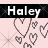 Animated buddy icon featuring the name 'Haley' above a pattern of pixelated hearts on a light pink background with black and white text.