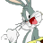 Pixelated cartoon rabbit with gray fur, white chest and face, red nose, black eyes, long ears, pink tongue sticking out, holding a white cloud-like object against a solid light gray background.