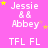 Pink background with white text reading "Jessie & Abbey" and "TFL FL", yellow stars scattered across the image.