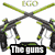 six paintball-themed images with text labels, showing guns, hoppers, teams, and gameplay scenes