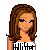Pixel art contact sheet showing three frames of a female character with brown hair wearing a white crop top and black skirt, alongside text labels for fashion items.