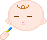 Pixel art character with light pink skin, brown crown, and blue eyes applying makeup with a brush in multiple sequential poses.