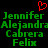 Green pixelated text displays 'Jennifer Alejandra Cabrera Felix' in two identical vertical beneath a red heart symbol on a black background