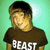 A person wearing a brown t-shirt with 'BEAST' text, against a light green background, in four -aligned showing slight pose variations