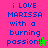 Pixelated text reads 'i LOVE MARISSA with a burning passion!!' on split background colors, featuring two distinct star symbols.