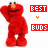 Red Sesame Street character Elmo with orange nose and black eyes, standing in a pixelated style with hand raised to head, next to red 'BEST' and yellow 'Y' text above red 'BUDS' text.