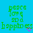 Green text reading peace love and happiness with pink hearts on a cyan background, arranged in a pattern