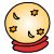 Pixelated circular icon with light yellow surface, four orange star-like shapes, two green crescent shapes, and a red band at the bottom.