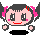 Pixel art character with pink cheeks and hair ties, black outfit, gray background; four variations show mouth expressions and floating heart symbols.
