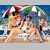 Pixelated image of two figures in dynamic poses on a beach with ocean and sky background, one figure in light clothing, the other in darker attire.