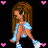 Pixel art animation frame featuring a cartoon woman with long brown hair in blue clothing, pink text reading 'single' and 'lookin', multiple pink hearts on black background, gray transparency area at bottom right.