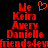 Red pixelated text lists names and a phrase on black background with orange heart symbol above first name.