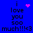 Blue background displays 'i love you 500 much!!!<3' text with animated pink pixel hearts in four positions.
