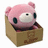 Pink plush bear with large black eyes and white snout sits inside a brown cardboard box, viewed from slightly different angles