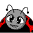 Pixelated gray face with large black eyes, red and black checkered shoulder accents, two curved antennae-like shapes on top.