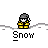 Pixel art contact sheet showing six frames of a snow-themed animated buddy icon with a character in yellow winter gear against falling snow.