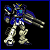 Pixelated robot with blue and white armor, yellow head accents, and multiple arm-mounted weapons against black background.
