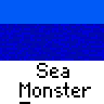 Animated contact sheet of a sea monster buddy icon showing multiple frames with varying water effects and color variations on the blue background.