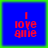 Four blue square with green borders display red pixelated text reading 'I love anime' in a