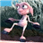 Pixelated cartoon character with pink skin, large eyes, and a long neck stands against dark green foliage under blue sky.
