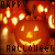 Pixelated Halloween-themed animation featuring two carved pumpkins with glowing eyes and smiles, surrounded by flickering lights against a dark background.