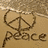 A four-quadrant shows a peace symbol drawn in sand with 'peace' text, a heart surrounded by yellow dots, two dinosaurs facing each other with thought bubbles containing hearts, and green text on yellow