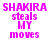 Four identical of pixelated text in bright pink on white background, each reading "SHAKIRA steals MY moves" with varying letter spacing