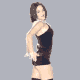 Animated sequence of a woman in a black dress with white collar posing against gray background, showing body rotation and hand position changes.