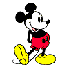 Four Mickey Mouse poses in red shorts, yellow shoes, black gloves, and white face with pink mouth; each pose shows distinct facial expression and hand position.
