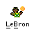 Pixelated cartoon character holding orange ball with text "LeBron" below, two frames showing static and partial text overlay.