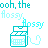 Pixelated cyan text 'ooh, the Aossy' above a teal-outlined keyboard icon with light blue keys and a curved tail on white background.
