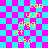 Pixelated text on a cyan and magenta checkerboard background with a purple overlay, showing repeated phrases and symbols in yellow and white