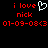 Red pixel text and a white heart symbol on black background, with two identical side-by-side views showing 'i love nick 01-09-08<3' in red.