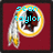 Four display a circular logo with a feathered headdress on a maroon background, each with distinct cyan text overlays