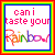 six identical square icons with red outer borders, blue inner borders, and white backgrounds displaying pink text 'can i taste your' above multicolored rainbow-style 'Rainbow' text