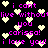 Pixelated text and heart symbols on a black background with pink and yellow colors.