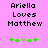 Pixelated text reads 'Ariella Loves Matthew' above green and light-green plus signs on a pink background.